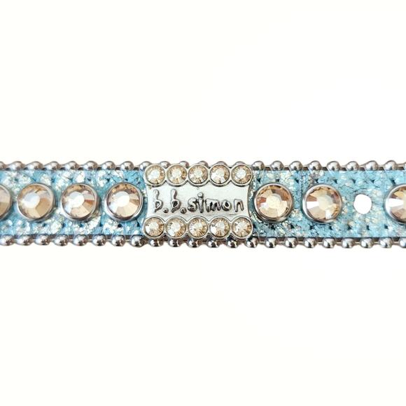 B.B. SIMON Alegra leather skinny Swarovski Crystal skinny belt blue metallic L - Picture 5 of 7